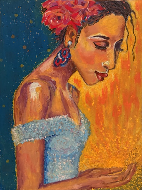 A woman in an off-shoulder dress with a flower in her hair, eyes lowered