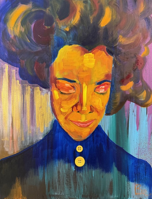 A self portrait with closed eyes, warm amber skin, and a deep blue collar