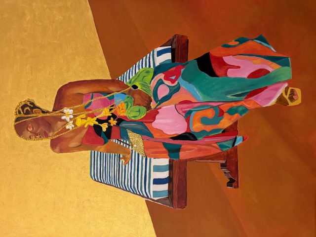 Painting of a woman in a vibrant patterned dress seated against a warm golden background