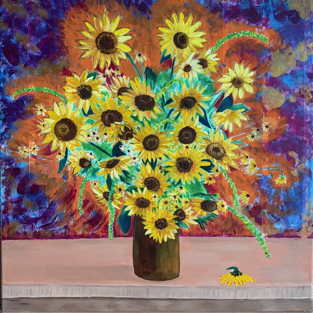 A vase of sunflowers on a ledge against a vivid blue and orange ground